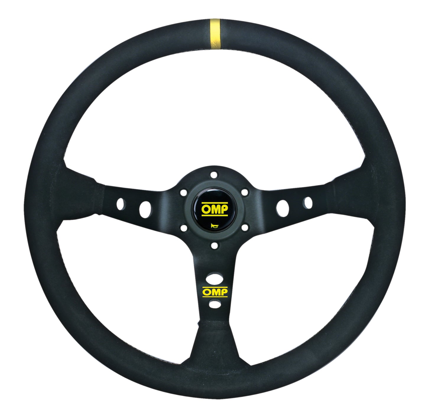 OMP Corsica Steering Wheel (95mm Dish), Black Suede, Black Spokes, Yellow Stitching