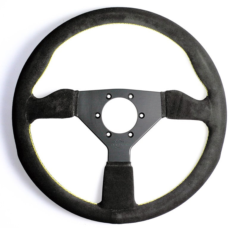 Personal Grinta Steering Wheel - 350 mm - Black Suede, Black Spokes, Yellow Stitching