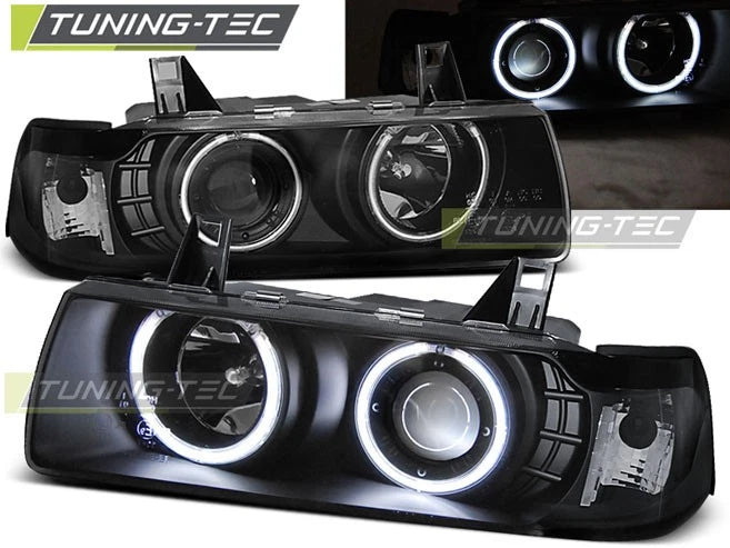 Coppia di Fari Anteriori per BMW E36 Serie 3 1990-1999 Angel Eyes Neri