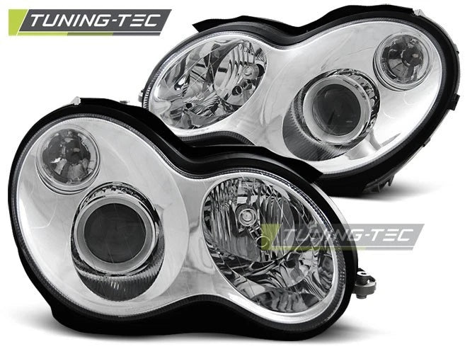 Coppia di Fari Anteriori per Mercedes W203 Classe C 2000-2004 Cromati
