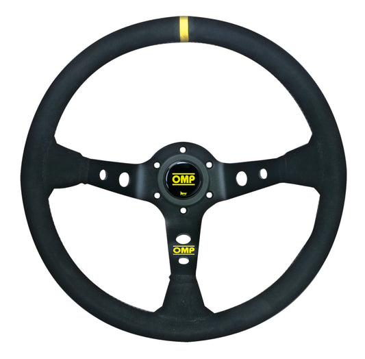 OMP Corsica Steering Wheel (95mm Dish), Black Suede, Black Spokes, Yellow Stitching