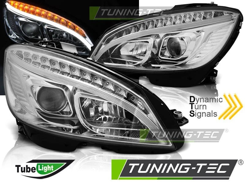 COPPIA FARI FANALI ANTERIORI MERCEDES W204 07-10 TUBO CROMATO H7 SEQUENZIALE