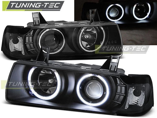 Coppia di Fari Anteriori per BMW E36 Serie 3 1990-1999 Angel Eyes Neri