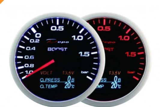 Manometro 60mm DEPO 4 in1 Pressione Turbo -1+2 pressessione olio  + temp olio
