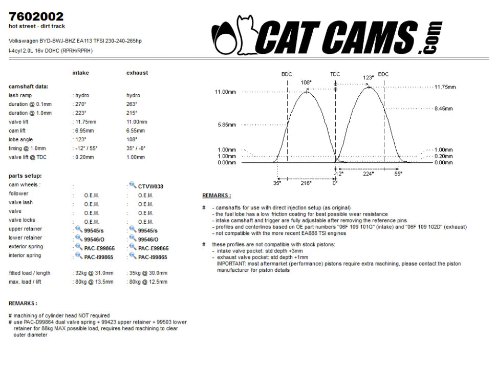 ALBERI A CAMME CatCams 7602003 Vw 2.0TFSi Ea113 Golf Gti Audi S3 8P